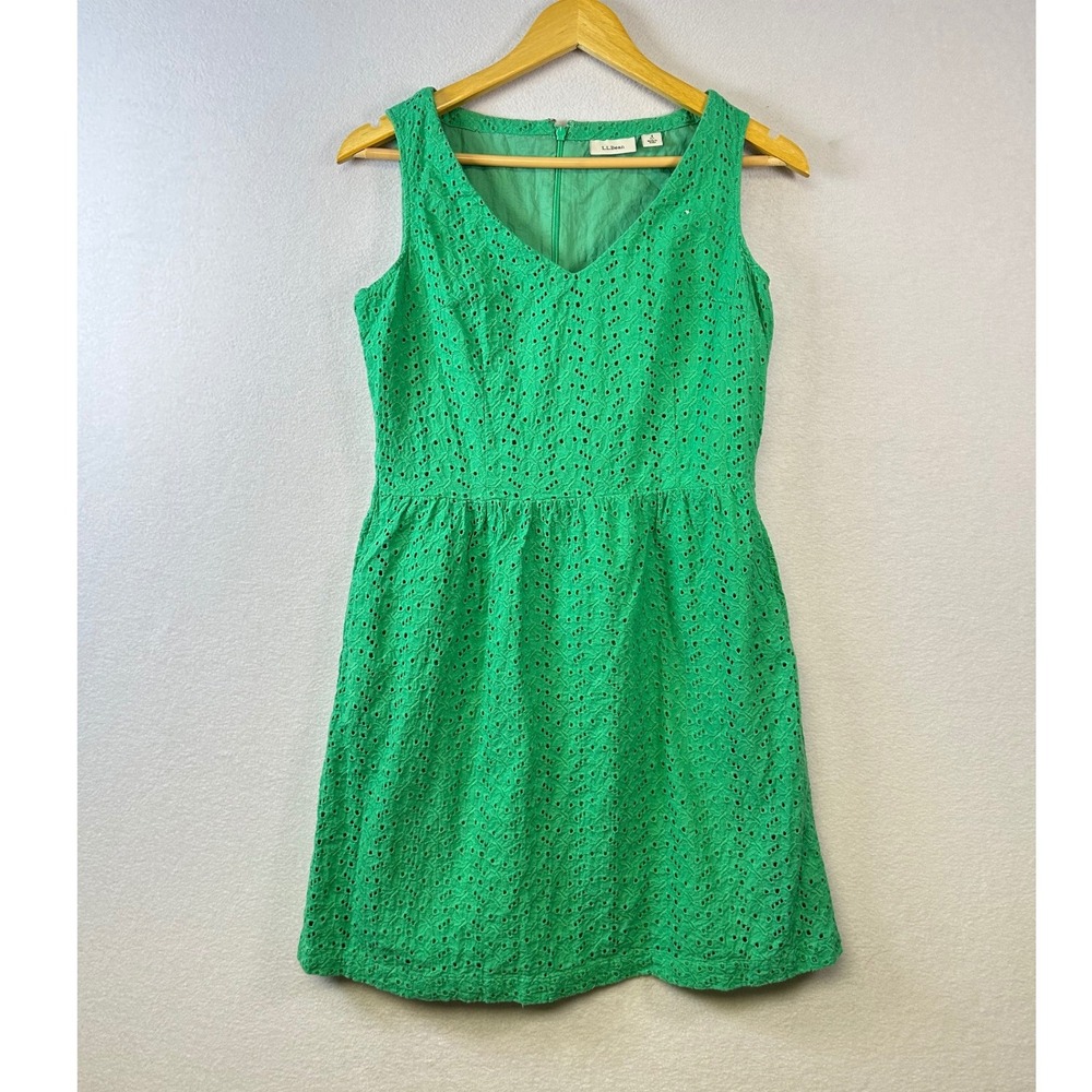LLBean Green Eyelet V Neck Sleeveless A Line Dress Size 4